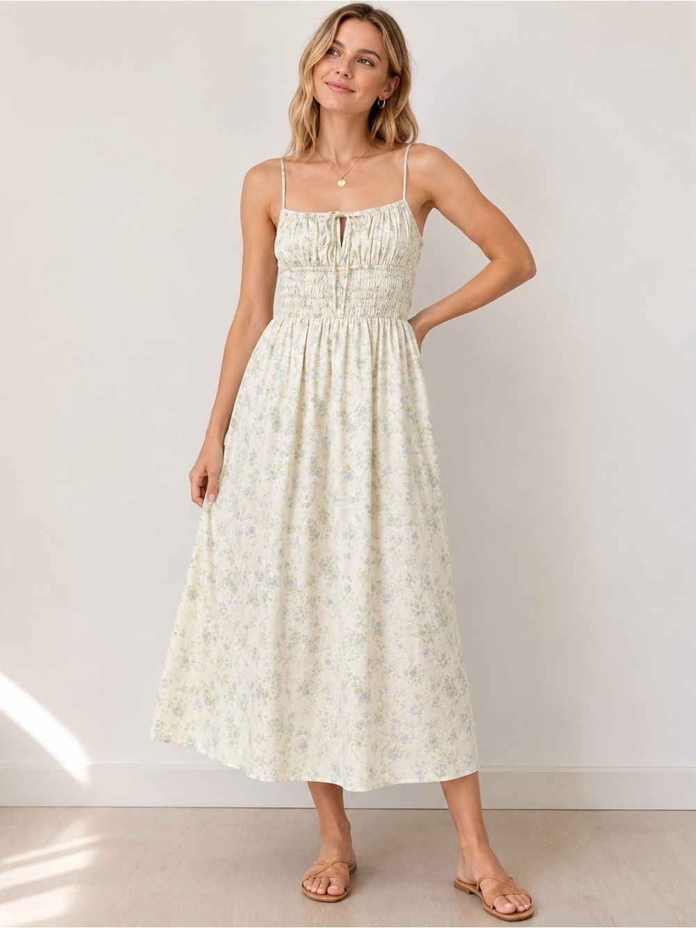ASTR • NWOT Floral Midi Dress - Cream/Light Blue S- ptp14-18” M- ptp 16-20”